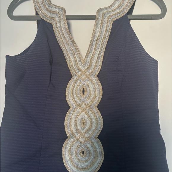 Elegant Navy Blue Dress with Gold Accents - Picture 3 of 4